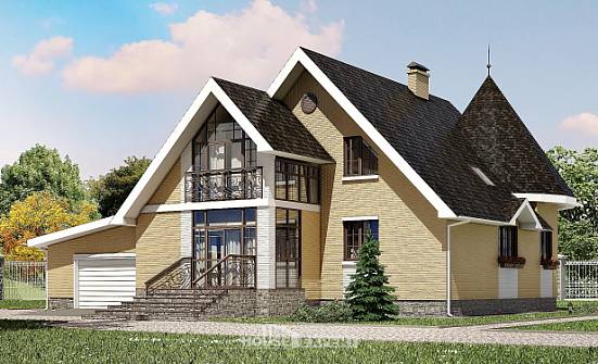 250-001-Л Проект двухэтажного дома мансардой и гаражом, уютный загородный дом из газобетона Севастополь | Проекты домов от House Expert