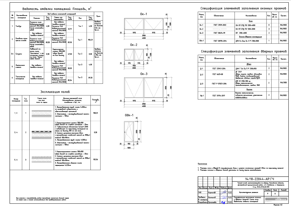 Архитектурные решения - Спецификация заполнения оконных и дверных проемов. Схемы окон. Ведомость отделки помещений