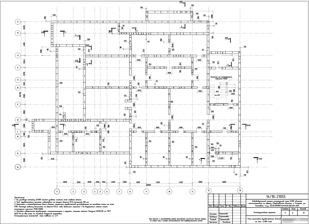 План раскладки фундаментных блоков на отм -2,980 (низ). Раздел КР