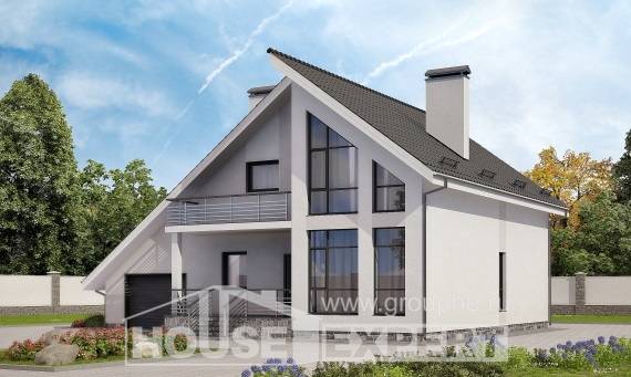 200-007-Л Проект двухэтажного дома с мансардой, гараж, классический загородный дом из поризованных блоков, Севастополь